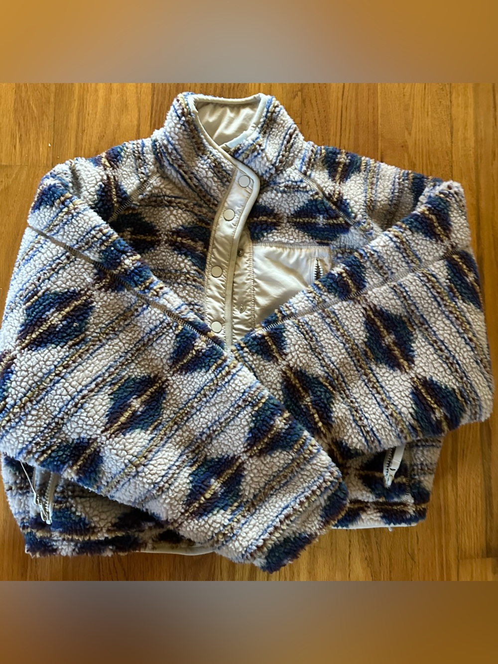 Blank NYC Blue and Cream Patterned Sherpa Zip Jacket